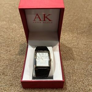 Anne Klein Black and Silver Leather Watch